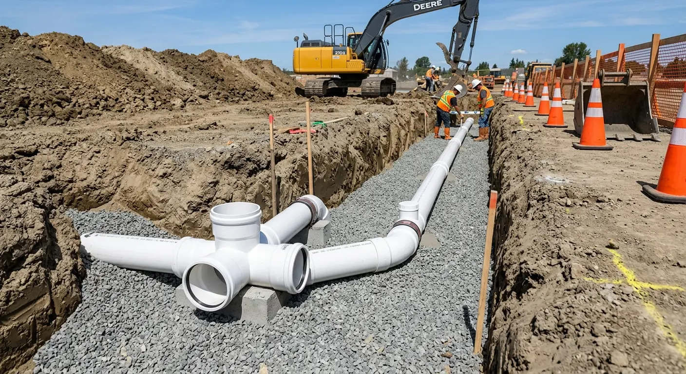 New PVC sewer pipe installation in open trench for Sewer Backup in Camano