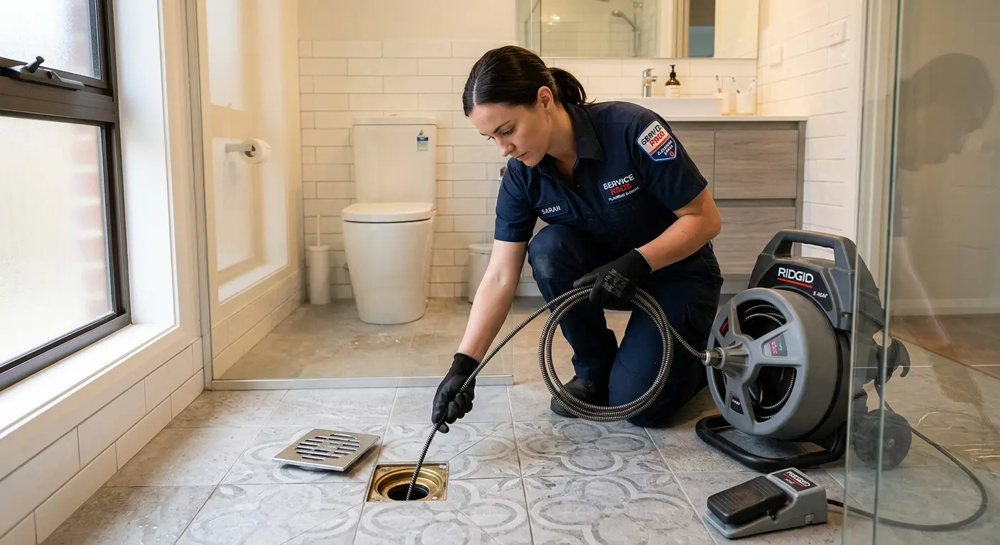 Technician clearing a bathroom floor drain for Drain Cleaning in Camano